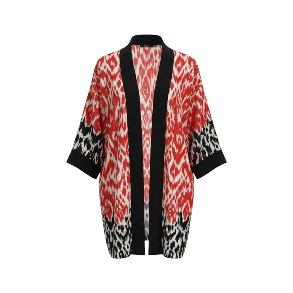 Chico's Red Black White Travelers Ikat Kimono Jacket Duster Women's Size L/XL